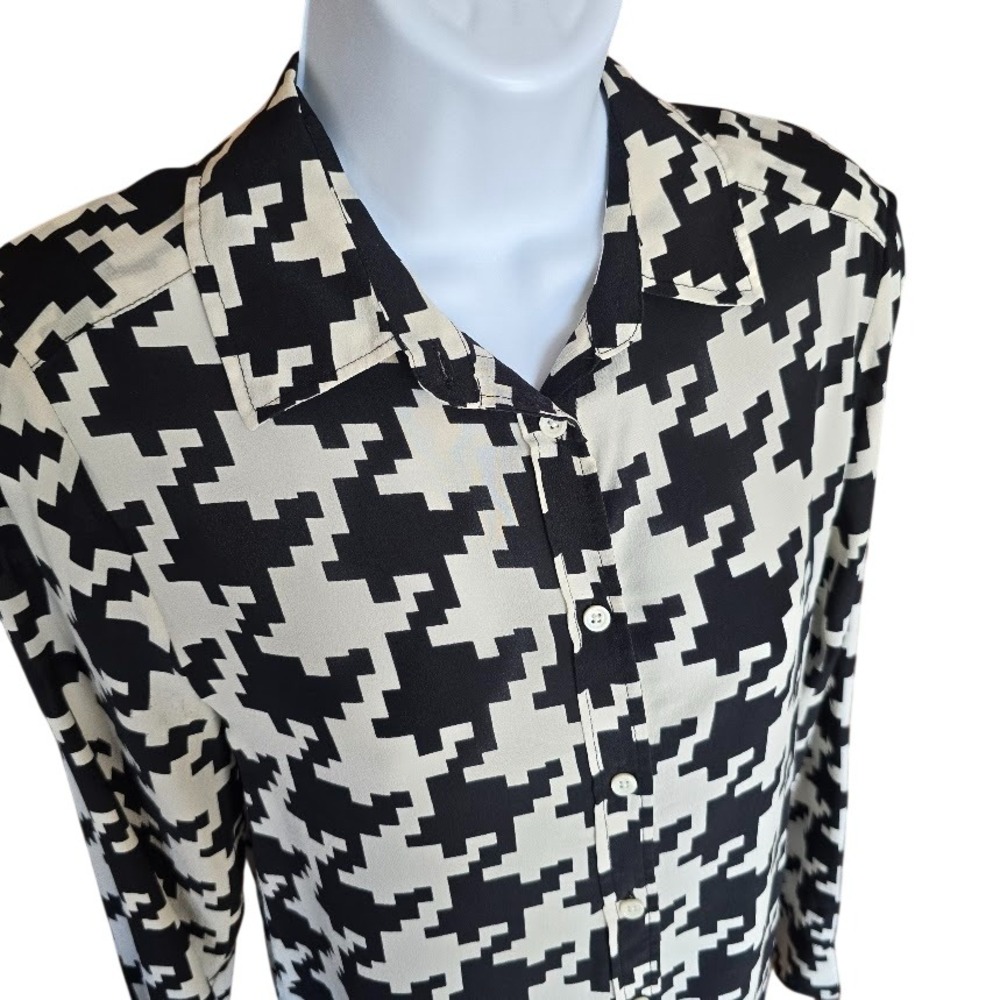 Joe Fresh Button Down Shirt Womens S Black White Houndstooth Dark Academia Core